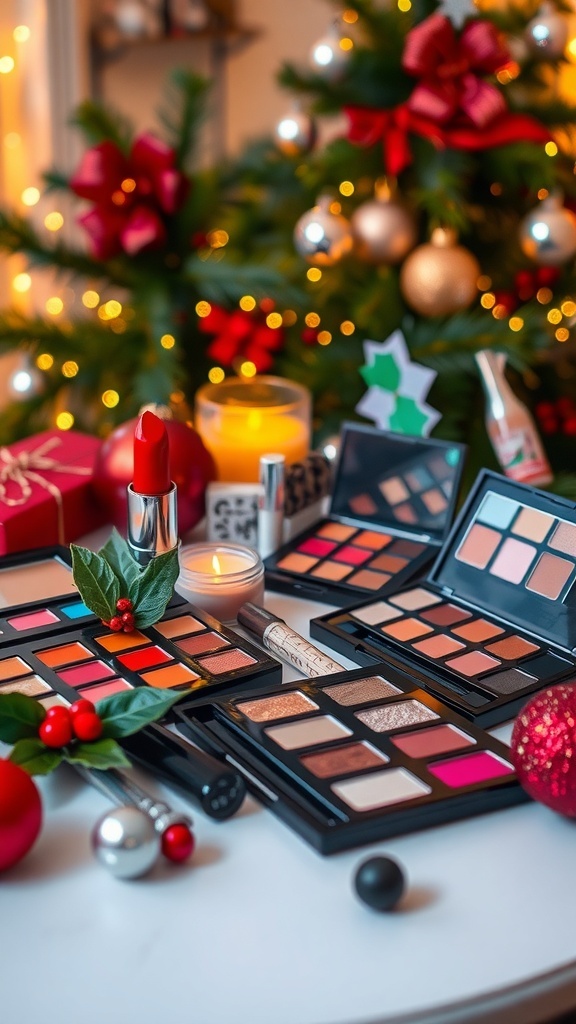 Makeup products for a festive Christmas look with red lipstick and shimmering eyeshadows on a holiday-themed table.
